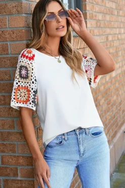 Sale Dear-Lover Floral Crochet Short Sleeve Top White