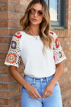 Sale Dear-Lover Floral Crochet Short Sleeve Top White