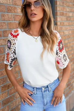 Sale Dear-Lover Floral Crochet Short Sleeve Top White