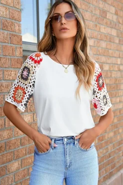 Sale Dear-Lover Floral Crochet Short Sleeve Top White