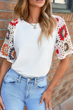 Sale Dear-Lover Floral Crochet Short Sleeve Top White