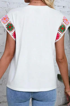 Hot Dear-Lover Floral Crochet Sleeve Crew Neck Top White