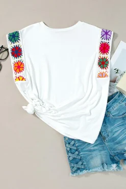 Hot Dear-Lover Floral Crochet Sleeve Crew Neck Top White