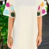 Sale Dear-Lover Floral Crochet Splicing Sleeve T Shirt Dress White