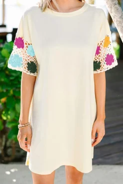 Sale Dear-Lover Floral Crochet Splicing Sleeve T Shirt Dress White