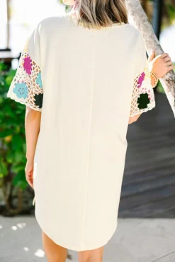 Sale Dear-Lover Floral Crochet Splicing Sleeve T Shirt Dress White