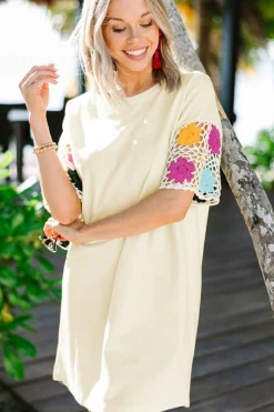 Sale Dear-Lover Floral Crochet Splicing Sleeve T Shirt Dress White
