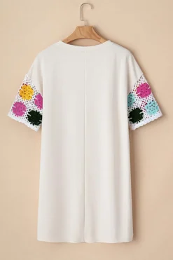 Sale Dear-Lover Floral Crochet Splicing Sleeve T Shirt Dress White