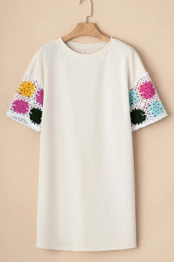 Sale Dear-Lover Floral Crochet Splicing Sleeve T Shirt Dress White