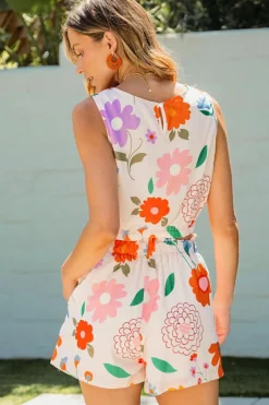 Fashion Dear-Lover Floral Cropped Tank and Frilly High Waist Shorts White