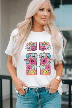 Outlet Dear-Lover Floral Crossed Graphic Easter Round Neck T Shirt White