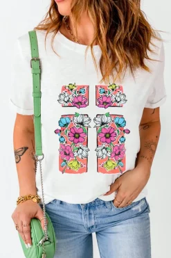 Outlet Dear-Lover Floral Crossed Graphic Easter Round Neck T Shirt White