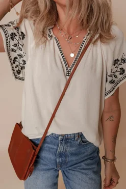 Sale Dear-Lover Floral Embroidered Short Sleeve V Neck Blouse White