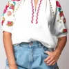 Outlet Dear-Lover Floral Embroidered Ricrac Puff Sleeve Textured Blouse White