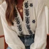 Best Dear-Lover Floral Embroidered Frilled V Neck Puff Sleeve Blouse White