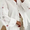 Best Dear-Lover Floral Embroidered Puff Sleeve Eyelet Patchwork Shirt White
