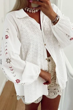 Best Dear-Lover Floral Embroidered Puff Sleeve Eyelet Patchwork Shirt White