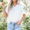 Discount Dear-Lover Floral Embroidered Puff Sleeve Notched Neck Blouse White