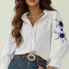 Best Dear-Lover Floral Embroidered Bracelet Sleeve Shirt White