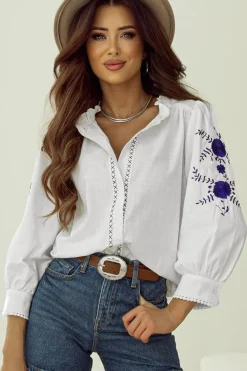 Best Dear-Lover Floral Embroidered Bracelet Sleeve Shirt White
