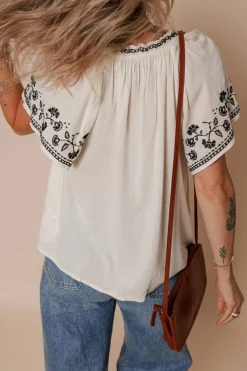 Sale Dear-Lover Floral Embroidered Short Sleeve V Neck Blouse White