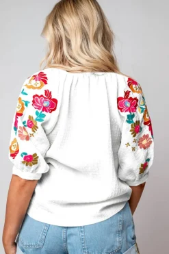 Outlet Dear-Lover Floral Embroidered Ricrac Puff Sleeve Textured Blouse White