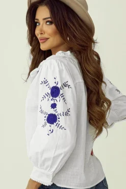 Best Dear-Lover Floral Embroidered Bracelet Sleeve Shirt White
