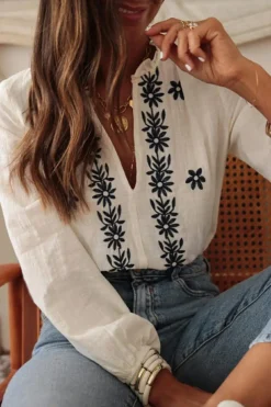Best Dear-Lover Floral Embroidered Frilled V Neck Puff Sleeve Blouse White