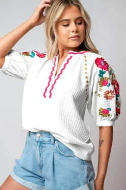 Outlet Dear-Lover Floral Embroidered Ricrac Puff Sleeve Textured Blouse White