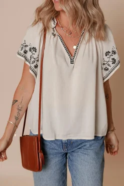 Sale Dear-Lover Floral Embroidered Short Sleeve V Neck Blouse White