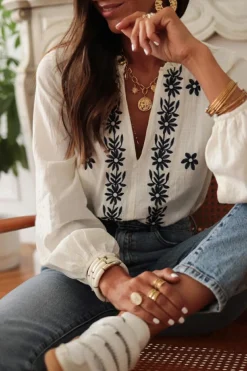 Best Dear-Lover Floral Embroidered Frilled V Neck Puff Sleeve Blouse White
