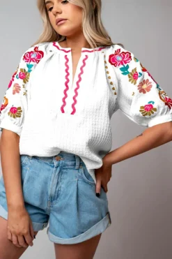 Outlet Dear-Lover Floral Embroidered Ricrac Puff Sleeve Textured Blouse White