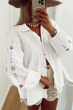 Best Dear-Lover Floral Embroidered Puff Sleeve Eyelet Patchwork Shirt White