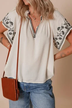 Sale Dear-Lover Floral Embroidered Short Sleeve V Neck Blouse White