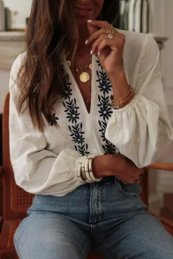 Best Dear-Lover Floral Embroidered Frilled V Neck Puff Sleeve Blouse White