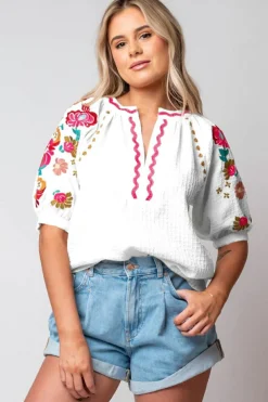 Outlet Dear-Lover Floral Embroidered Ricrac Puff Sleeve Textured Blouse White