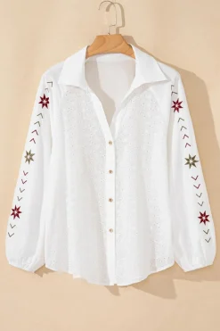 Best Dear-Lover Floral Embroidered Puff Sleeve Eyelet Patchwork Shirt White