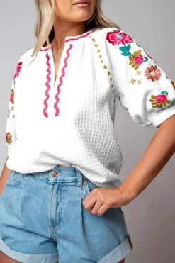 Outlet Dear-Lover Floral Embroidered Ricrac Puff Sleeve Textured Blouse White
