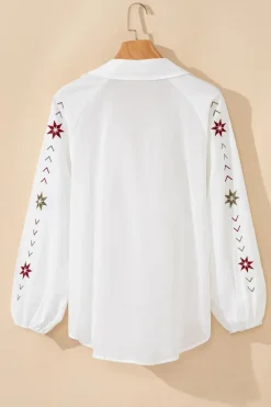 Best Dear-Lover Floral Embroidered Puff Sleeve Eyelet Patchwork Shirt White