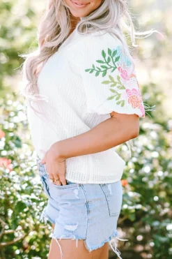 Discount Dear-Lover Floral Embroidered Puff Sleeve Notched Neck Blouse White