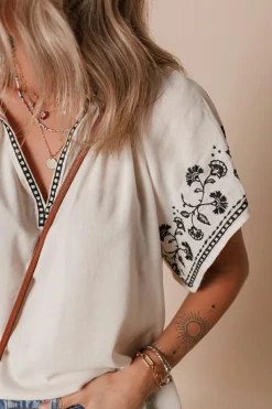 Sale Dear-Lover Floral Embroidered Short Sleeve V Neck Blouse White