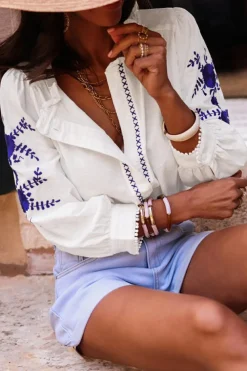 Best Dear-Lover Floral Embroidered Bracelet Sleeve Shirt White