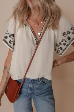 Sale Dear-Lover Floral Embroidered Short Sleeve V Neck Blouse White