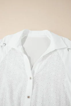 Best Dear-Lover Floral Embroidered Puff Sleeve Eyelet Patchwork Shirt White