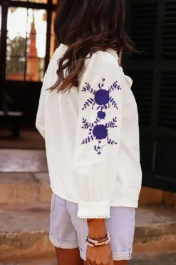 Best Dear-Lover Floral Embroidered Bracelet Sleeve Shirt White