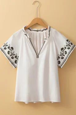 Sale Dear-Lover Floral Embroidered Short Sleeve V Neck Blouse White
