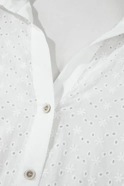 Best Dear-Lover Floral Embroidered Puff Sleeve Eyelet Patchwork Shirt White