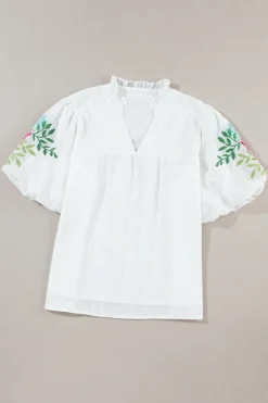 Discount Dear-Lover Floral Embroidered Puff Sleeve Notched Neck Blouse White