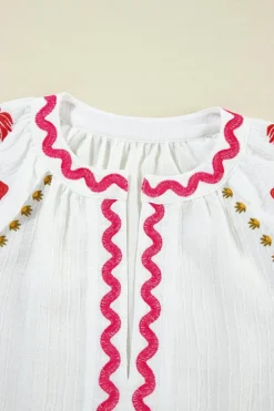 Outlet Dear-Lover Floral Embroidered Ricrac Puff Sleeve Textured Blouse White