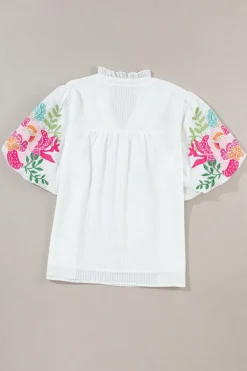 Discount Dear-Lover Floral Embroidered Puff Sleeve Notched Neck Blouse White